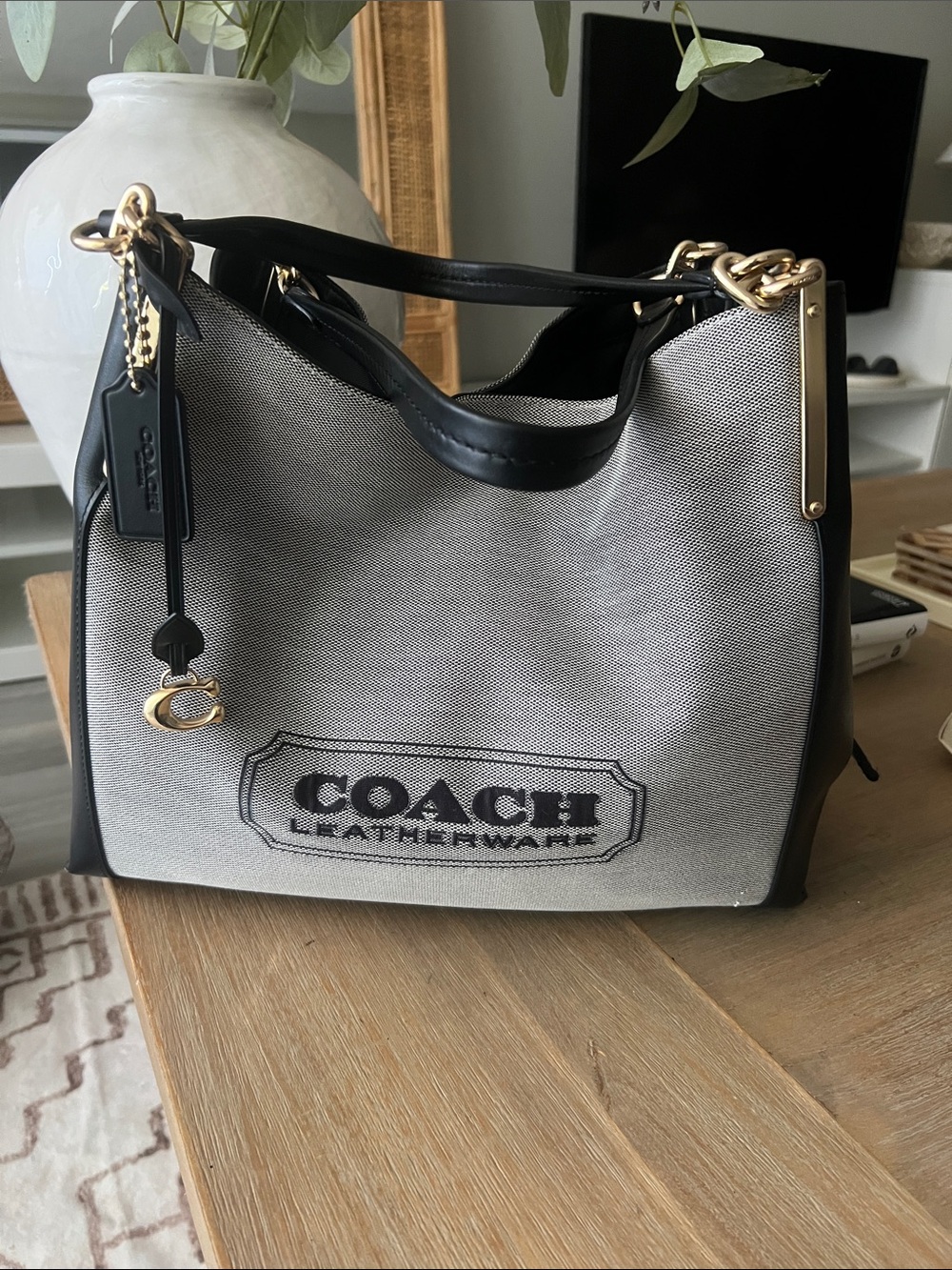 COACH Badge Jacquard Dalton 31 Shoulder Bag in the Salt/Black